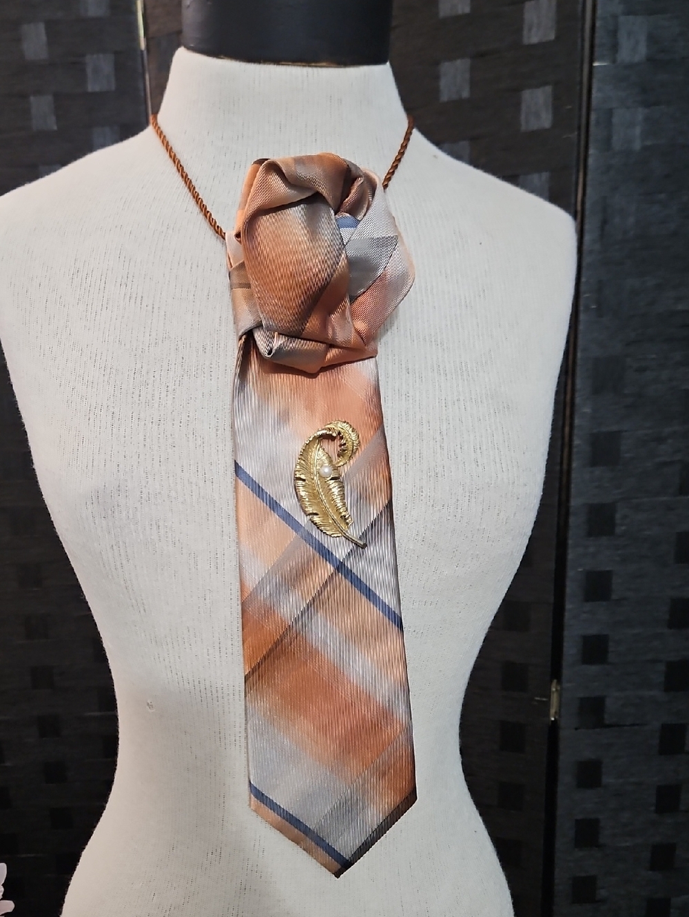 Van Heusen Silk Plaid Orange and Gray Statement Tie Necklace with Gold Tone Leaf